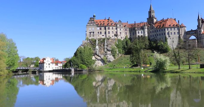 Panoramic view of Sigmaringen castle reflecting in Danube river in Sigmaringen, Baden-Wurttemberg, Germany
