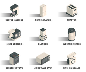 Isometric 3D web icon set - Coffee machine, refrigerator, toaster, meat grinder, blender, electric kettle, stove, microwave oven, kitchen scales.
