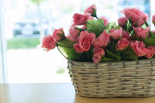 beautiful bouquet rose pink flower artificial in basket
