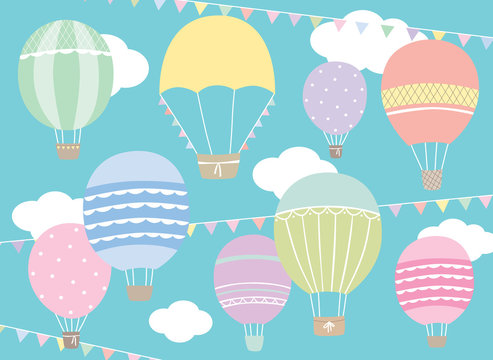 Vector illustration of hot air balloon set in pastel colors.