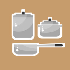 Cooking utensils with white outline. Stickers style items isolated on brown background