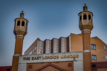 London, UK - June 06, 2017: The East London Mosque and the London Muslim Center just before sunset during the holy month of Ramadan in England, UK