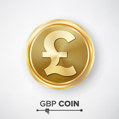GBP Gold Coin Vector. Realistic Money Sign Illustration
