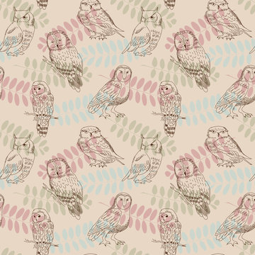 Seamless retro pattern with owls and leaves