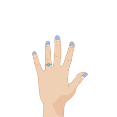 Illustration of female hand. Bride's left hand with a ring