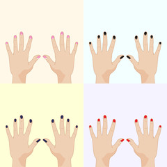 Manicure illustration. Four pairs of hands with different polishes. Different backgrounds