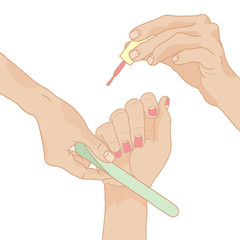 Three hands illustration. The one with a manicure brush, another one with a nail file. Manicure illustration