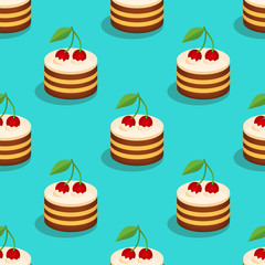 Cherry cakes seamless pattern. Vector cartoon illustration