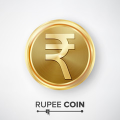 Rupee Gold Coin Vector. Realistic Money Sign Illustration