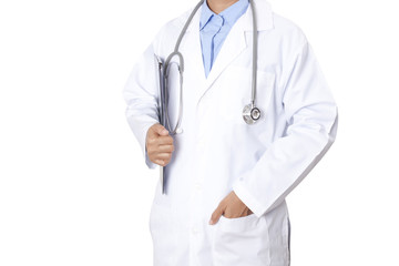 Doctor holding folder with disease files and stethoscope on white background.