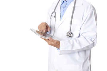 Doctor holding digital tablet with stethoscope on white background.