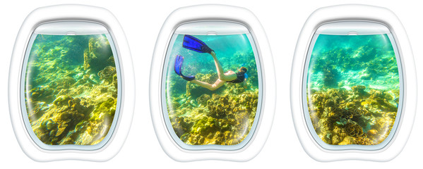 Three porthole frame windows on female apnea swims in tropical turquoise sea of Racha Noi, Phuket in Thailand. Undersea background. Travel concept.