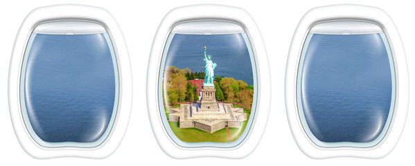 Three porthole frame windows of Liberty Island and the Statue of Liberty monument symbol of New York City, United States.