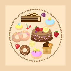 Bakery pastry and fruits in a frame on brown background