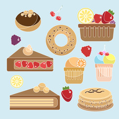 Bakery products set. Sweets with white outline on blue background