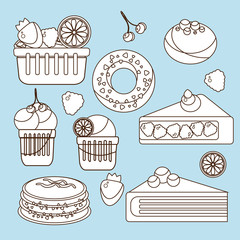 Bakery products set. White sweets with black outline on blue background
