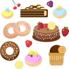 Bakery set of pastry with fruits around. Different baked sweets