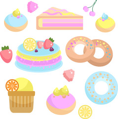 Bakery set of pastry with fruits around. Soft colored sweets