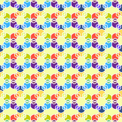 Vector geometric bright yellow, red, blue seamless pattern, abstract figures with outline on light green background