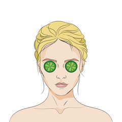 Woman face with green cucumber slices on eyes on white background