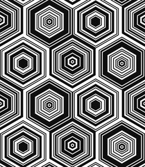 Seamless pattern hexagonal ornaments. Black and white textile print. Retro vector design. Monochrome hexagons.