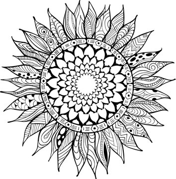 Hand drawn zentangle sunflower ornaments for antistress coloring book