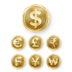 Gold Coins Set Vector. Realistic Money Sign Illustration. Dollar, Euro, GBP, Rupee, Franc, Renminbi Yuan, Won.