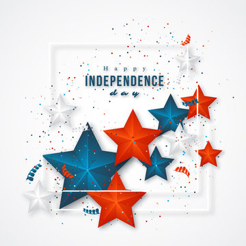 American independence day. Holiday background with frame, 3d stars and confetti. Vector illustration.
