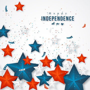 American independence day. Holiday background with 3d stars and confetti. Vector illustration.