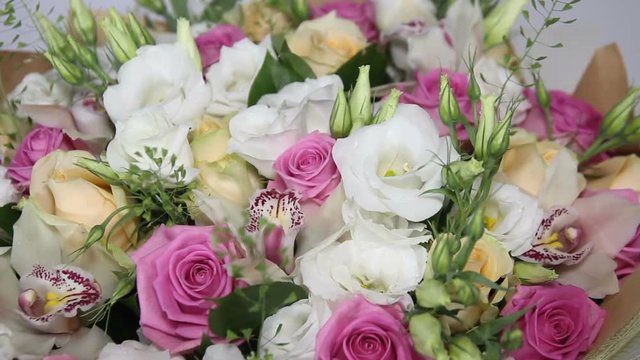 beautiful bouquet with pink roses and eustoma