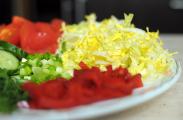 Fresh organic sliced vegetables on the white plate on the wooden table. Close up, selective focus.