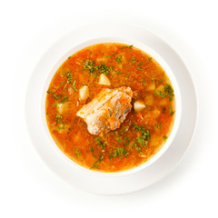 Vegetable soup with pork on white background