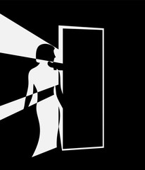 woman standing toward door vector concept
