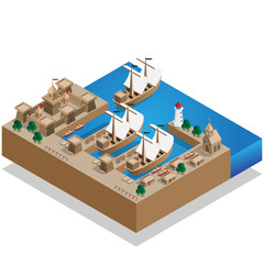 Pirate Harbor. Isometric. Vector illustration