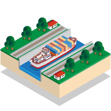 Ship Canal. Isometric. Vector illustration.