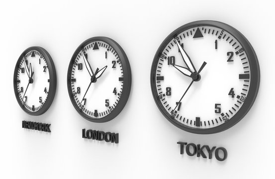 3d illustration of TOKYO, LONDON and NEW YORK time clock
