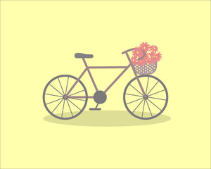 Pretty scenery in a rustic style. A purple bike and a basket of the flowers. Light yellow background. A vector illustration 