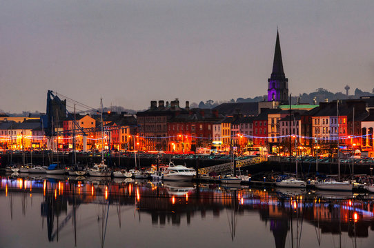 Waterford, Ireland. Panoramic view of a cityscape at night