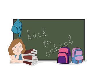 The schoolgirl sits behind books. School subjects. Hand drawn cartoon vector illustration for design and infographics.
