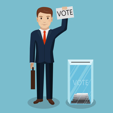 Businessman vote at transparent ballot box. Vector Illustration
