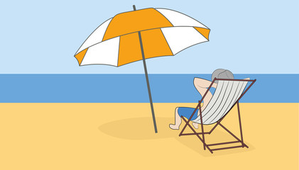 Fototapeta na wymiar A man is sunning on the beach in a deckchair. Concept of vacation. Hand drawn cartoon vector illustration for design and infographics.