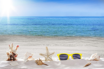  Holiday summer, sunglasses, Starfish, seashells,  on seashore - landscape beach background 
