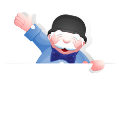 Elderly male raised hand in greeting. Cartoon senior man holds blank advertising banner with copy space. Vector illustration isolated on white background.