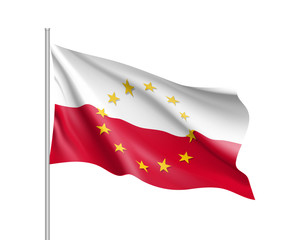 Poland national waving flag with a circle of European Union twelve gold stars, symbol of unity with EU, member since 1 May 2004. Realistic vector illustration