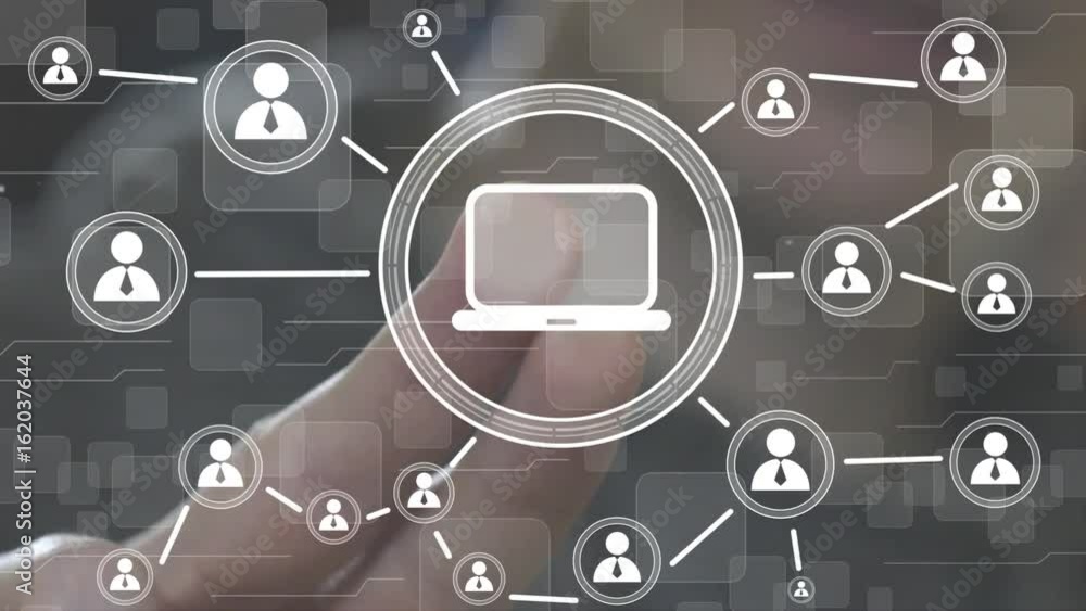 Poster businessman pressing button computer media virtual icon network