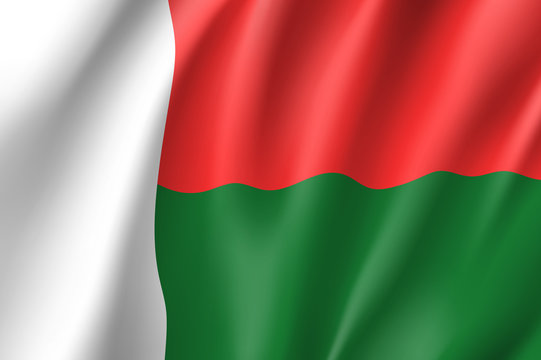 Waving flag of Madagascar. Symbol african state in proportion correctly and official national colors. Patriotic sign Eastern Africa country. Vector icon illustration