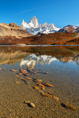 Reflection of Mount Fitz Roy on Capri Lagoon, El Chalten, Los Glaciares National Park, Patagonia, Argentina © dsaprin