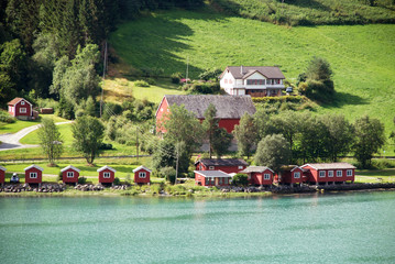 Small red houses at Olden, Norway