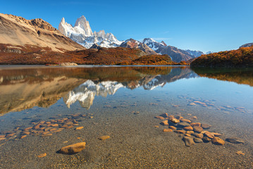 Reflection of Mount Fitz Roy on Capri Lagoon, El Chalten, Los Glaciares National Park, Patagonia, Argentina © dsaprin