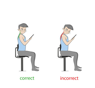 Correct and incorrect inclination of the neck when working with a smartphone (tablet). Hand drawn cartoon vector illustration for design and infographics. 
